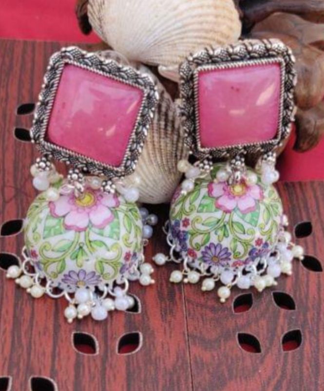 Handpainted Meenakari Work Silver Plated Mogra Fitted Pearl Earring in Germany