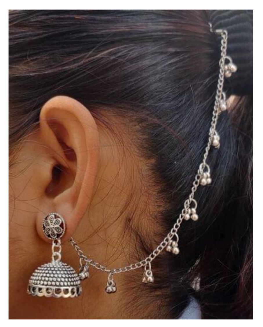 German Silver Single Line Ghunghru Earchain Stud Jhumki in Munich