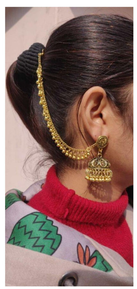German Silver Single Line Ghunghru Earchain Stud Jhumki in Germany