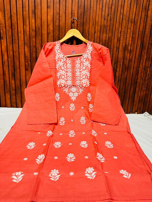 Peach Kurti for Women embroidery and fabric detail - Neha Couture Indian Fashion