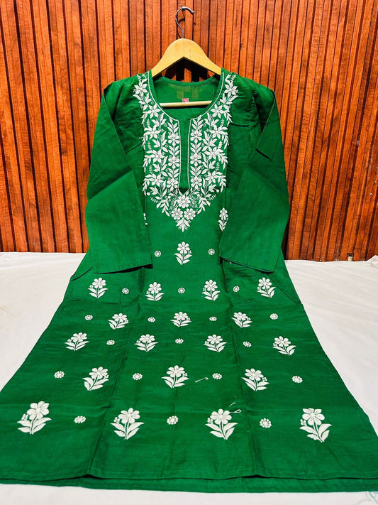 Bottle Green Kurti for Women embroidery and fabric detail - Neha Couture Indian Fashion