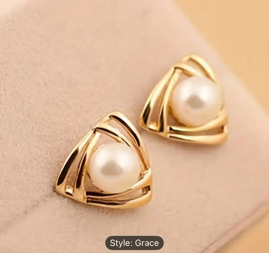 Hollow Triangle Gold Faux Pearl Decor Elegant Stud Earrings for Women in Germany