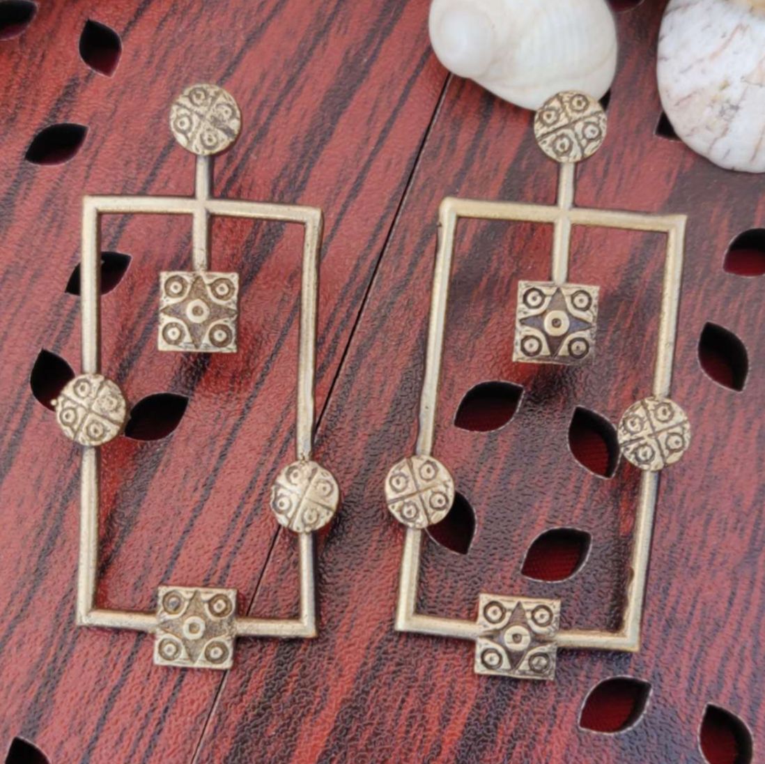 Unique Handmade Brass Black Plated Rectangle Shape Round Stud Dangler Earring in Germany