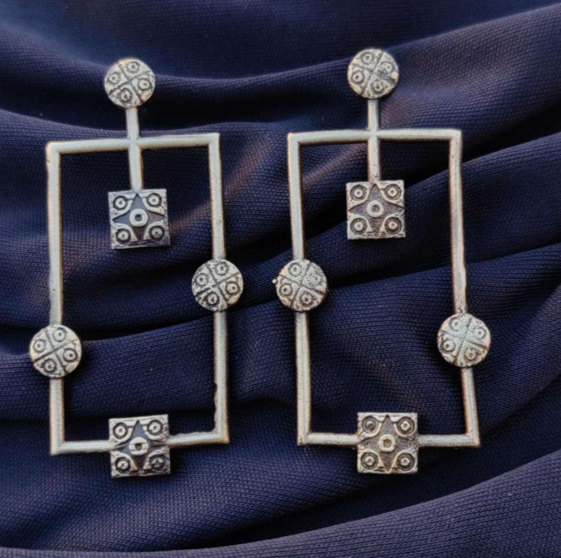 Unique Handmade Brass Black Plated Rectangle Shape Round Stud Dangler Earring in Germany