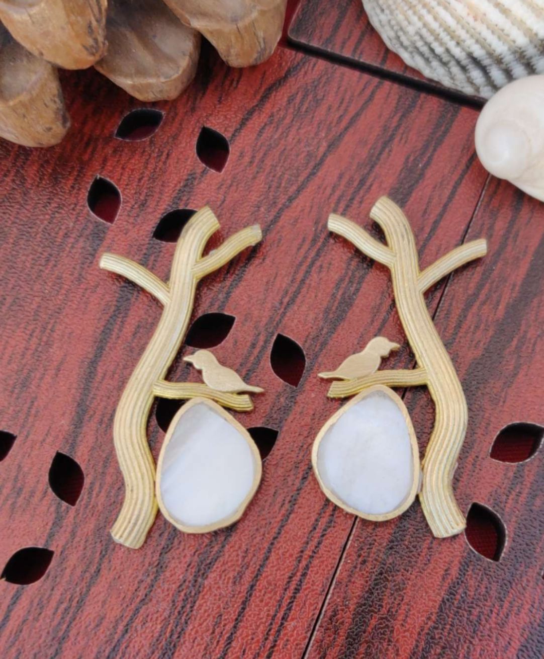 Contemporary Brass Handmade Mother of Pearl Bird Earring in Berlin