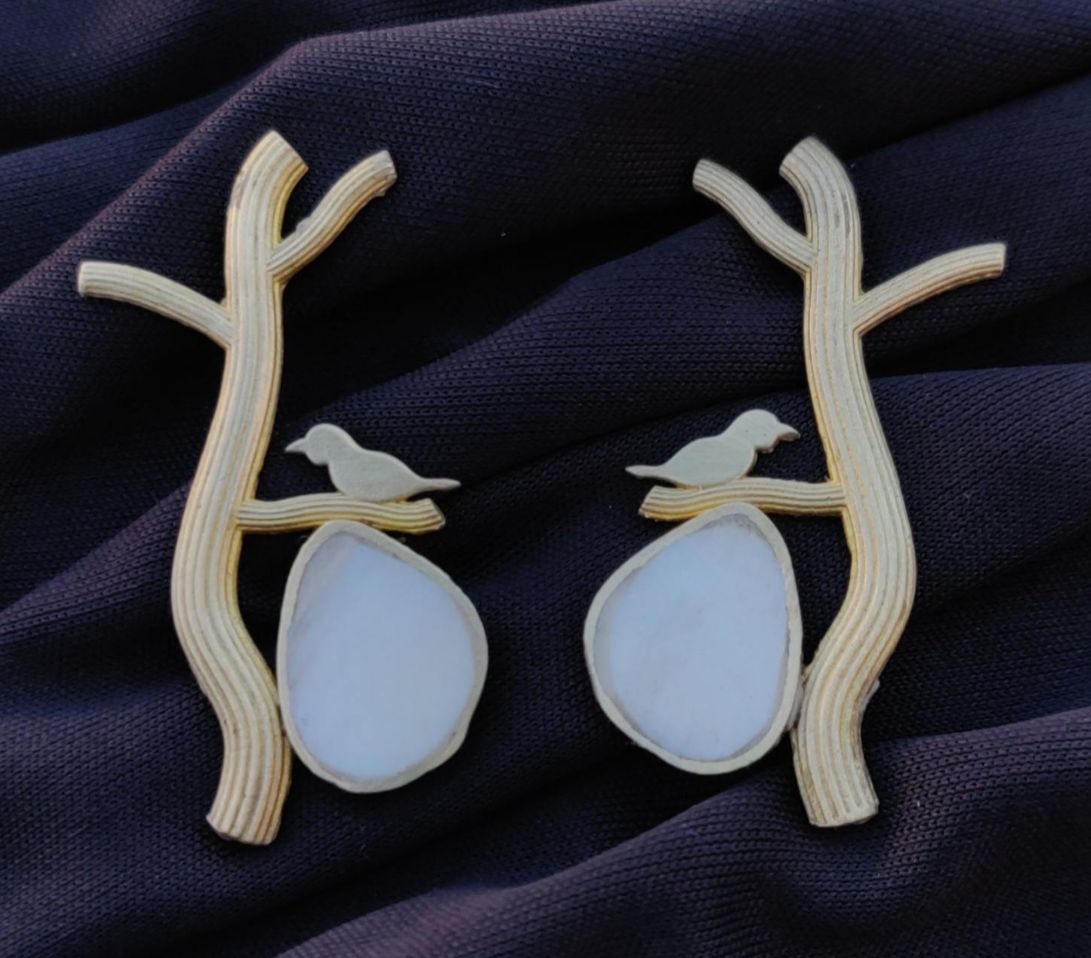 Contemporary Brass Handmade Mother of Pearl Bird Earring in Berlin