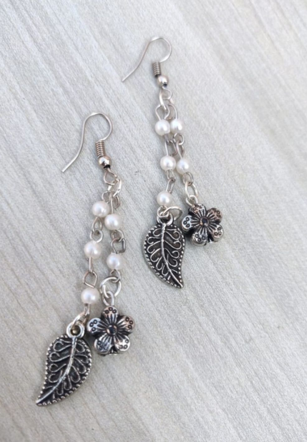 Two Layer Pearl Chain with Flower and Leaf Dangler Earrings in Germany
