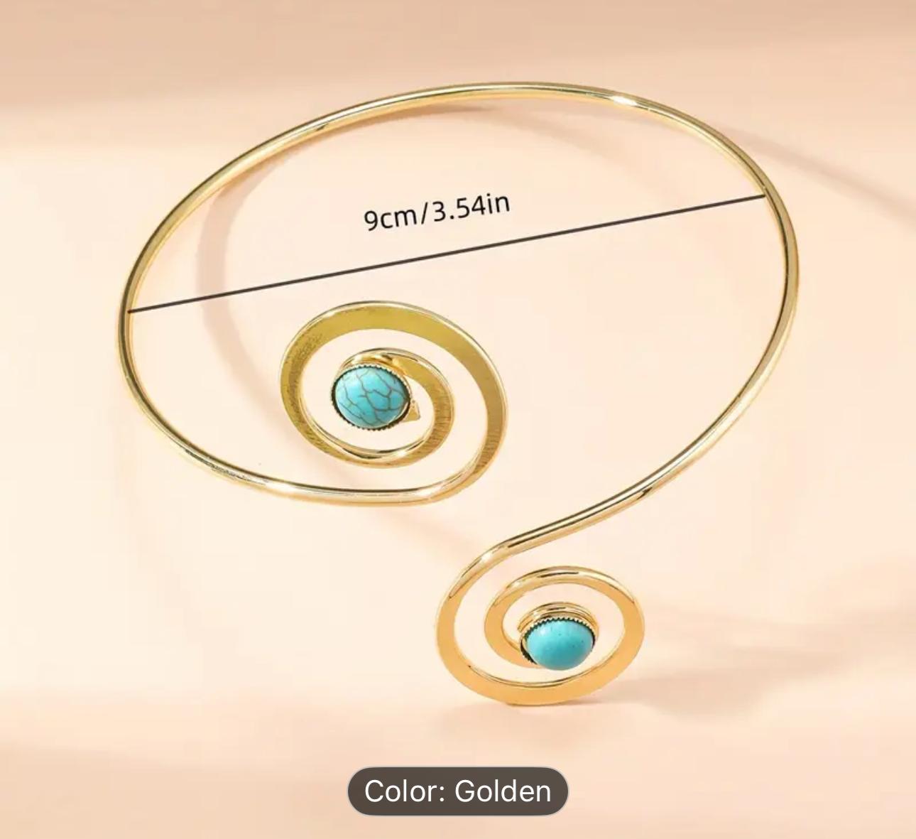 Bohemian Vintage Turquoise & Golden Spiral Open Cuff Arm Bracelet in Munich