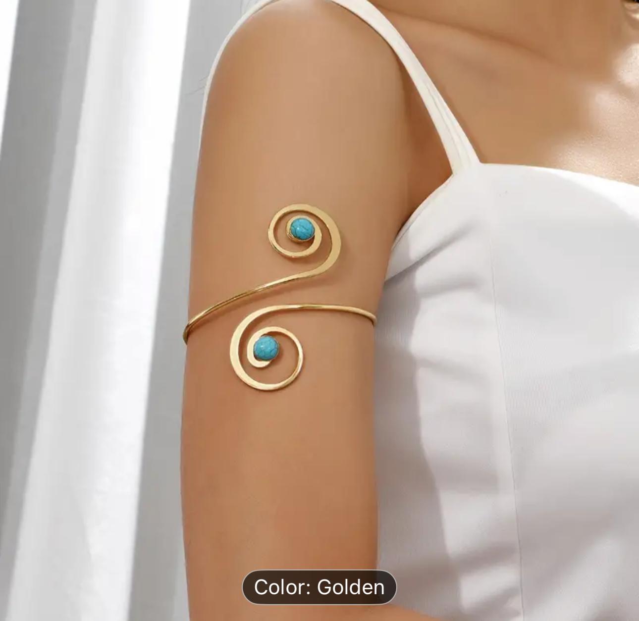 Bohemian Vintage Turquoise & Golden Spiral Open Cuff Arm Bracelet in Munich