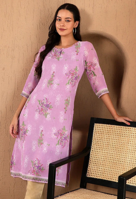 Lavender Floral Printed Metallic Sequined Organza Festive Straight Kurta in Berlin