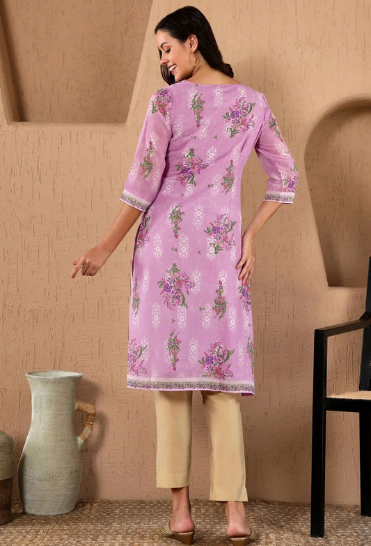 Lavender Floral Printed Metallic Sequined Organza Festive Straight Kurta embroidery and fabric detail - Neha Couture Indian Fashion