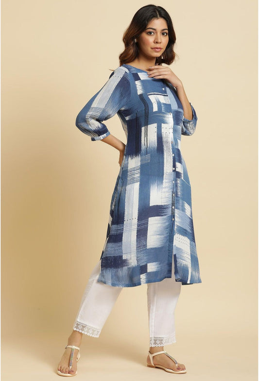 Indigo Abstract Print Kurta embroidery and fabric detail - Neha Couture Indian Fashion