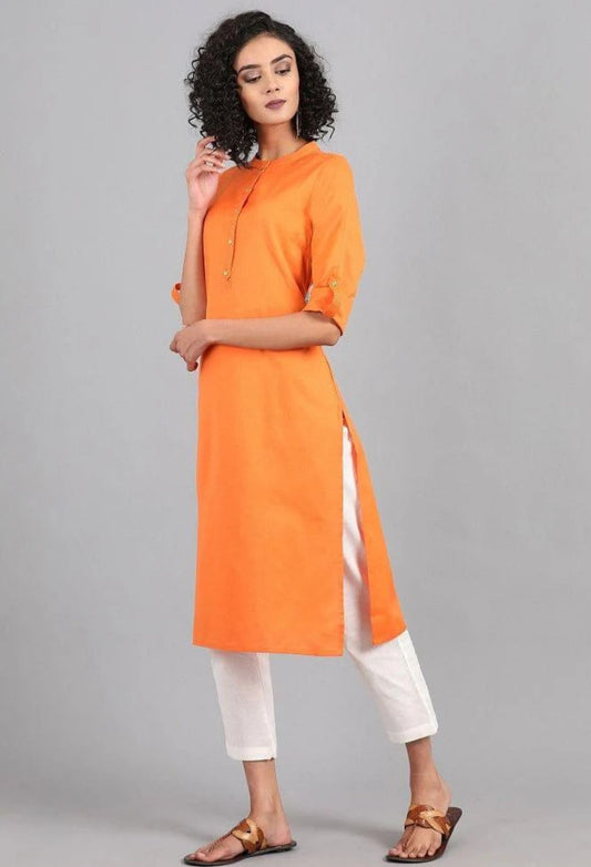 Orange Mandarin Neck Solid kurta embroidery and fabric detail - Neha Couture Indian Fashion