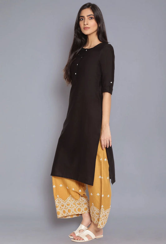 Black Round Neck Solid kurta embroidery and fabric detail - Neha Couture Indian Fashion