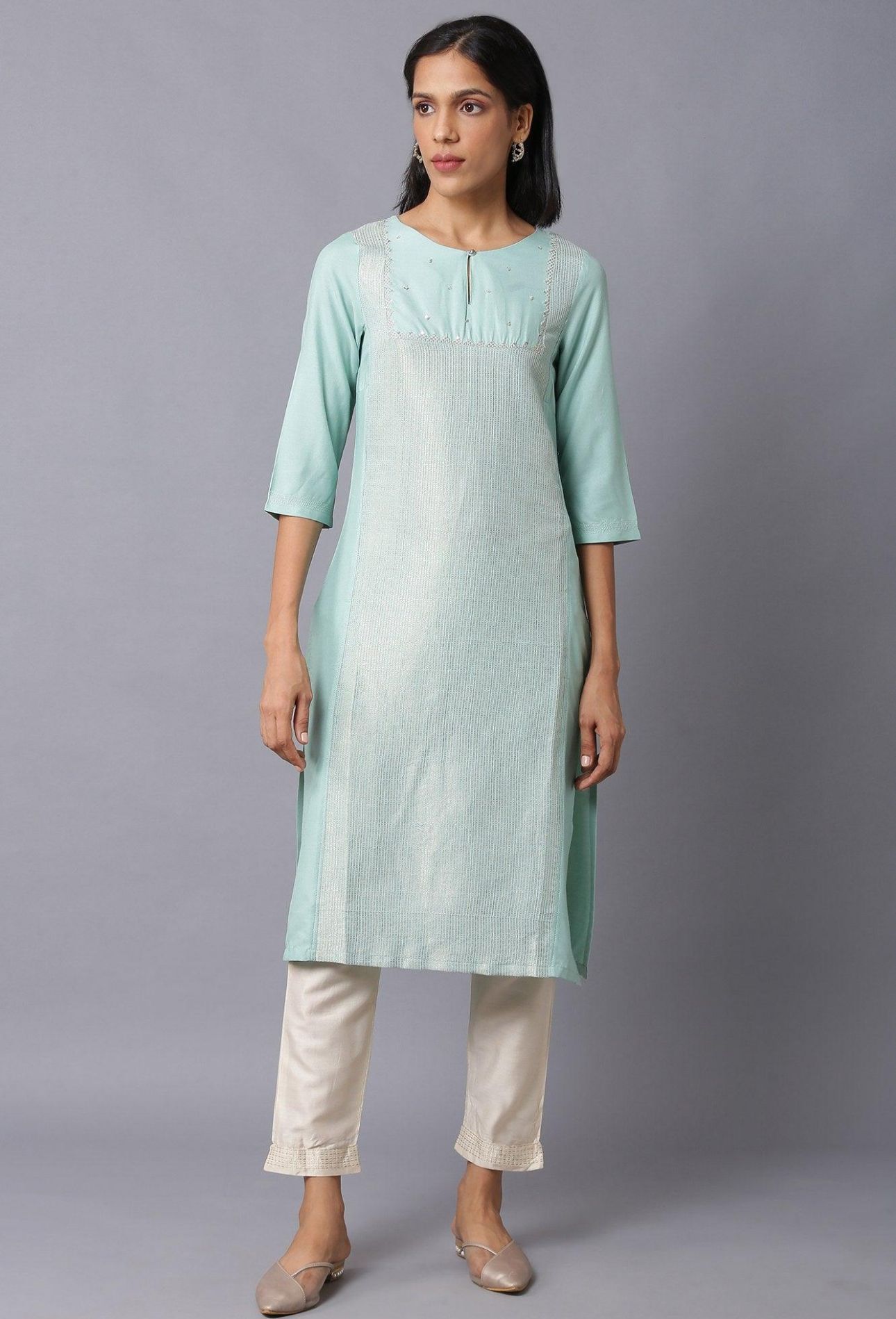 Teal Blue Jacquard kurta With Embroidered Yoke in Munich
