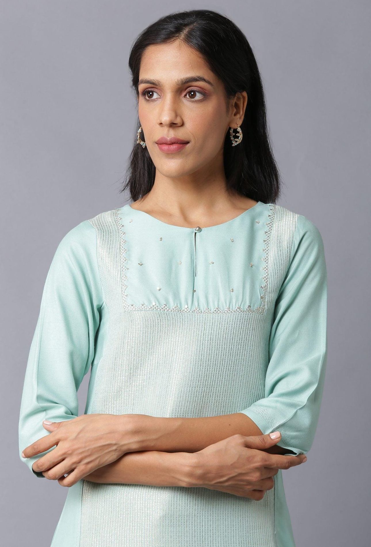 Teal Blue Jacquard kurta With Embroidered Yoke in Munich