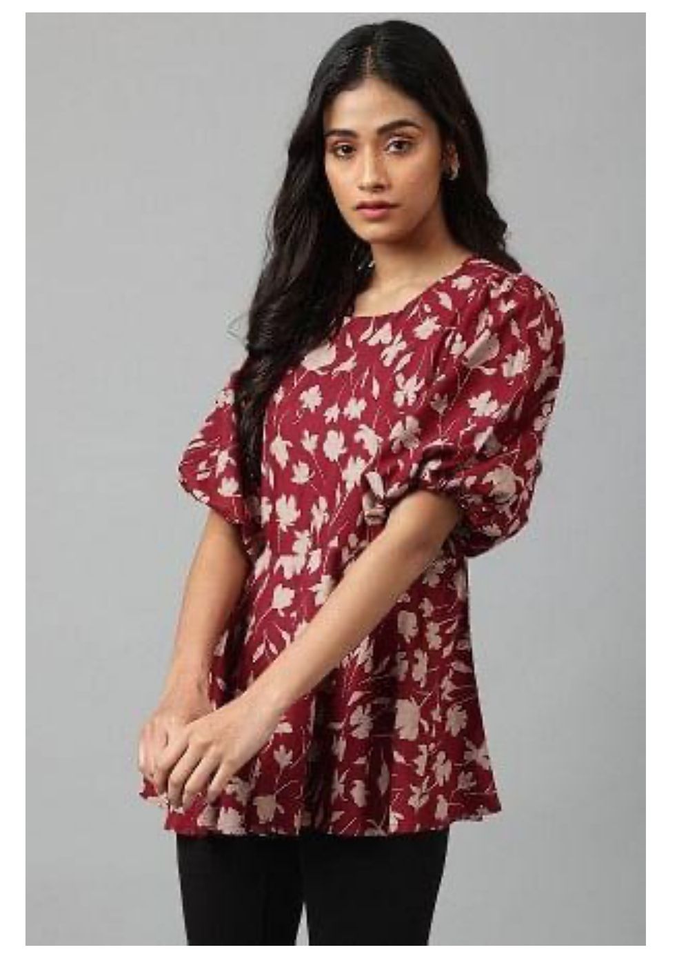 Deep Red Floral Printed Peplum Top in Berlin