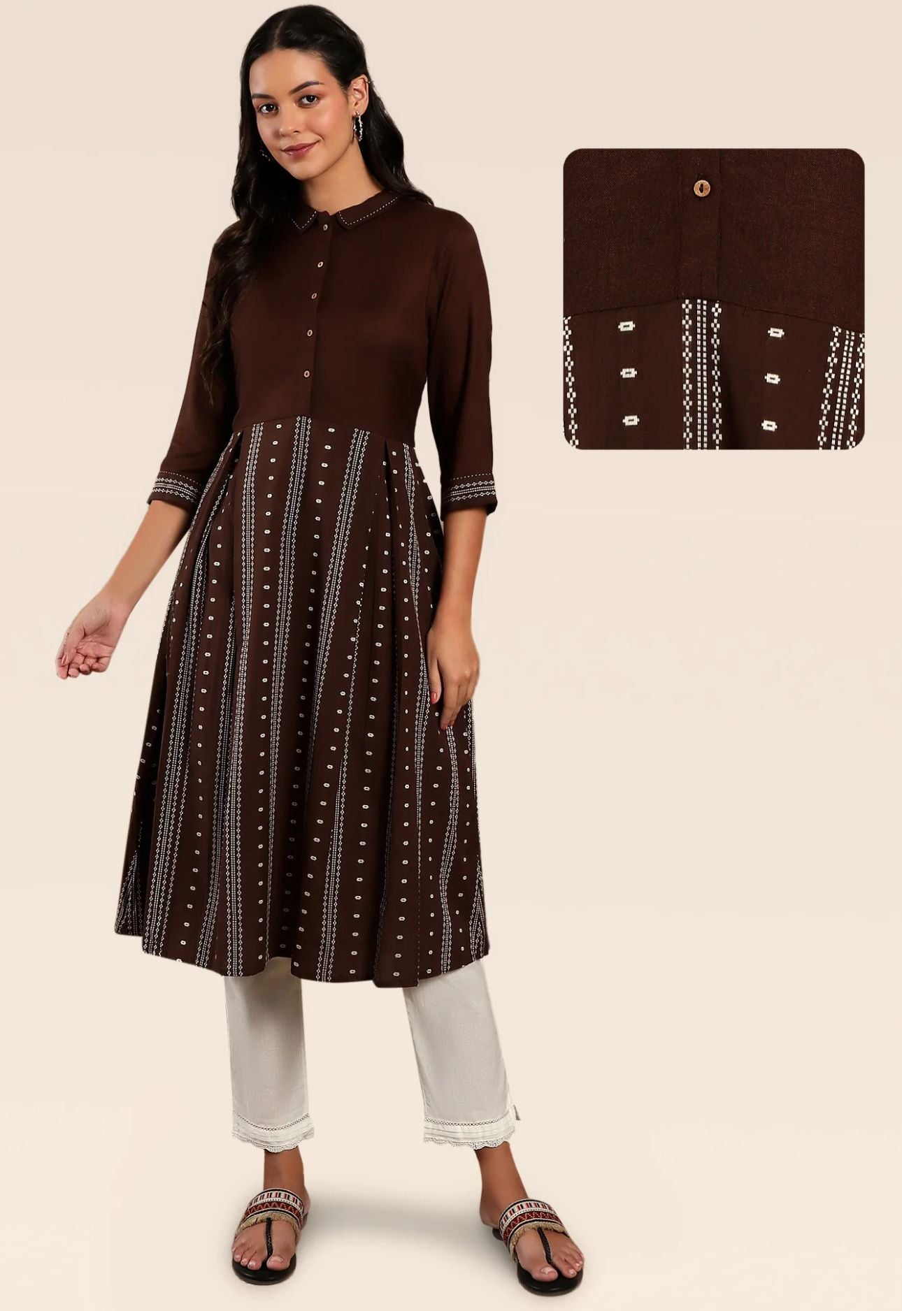 Brown Printed Shirt Collar Flared Kurta With Minimal Thread Work in Germany