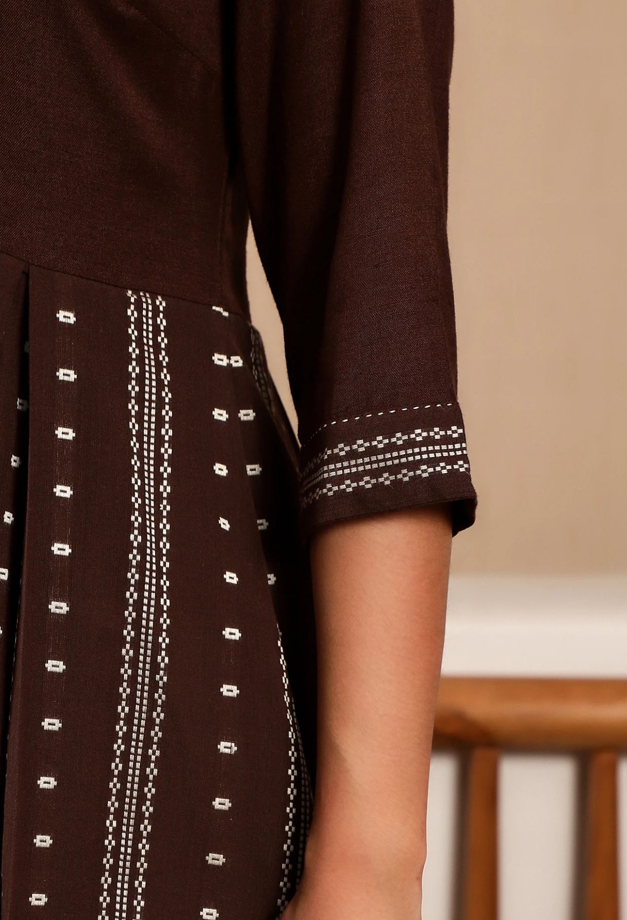 Brown Printed Shirt Collar Flared Kurta With Minimal Thread Work in Germany