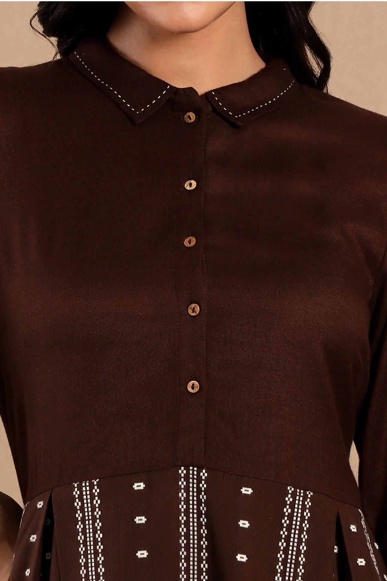Brown Printed Shirt Collar Flared Kurta With Minimal Thread Work in Germany