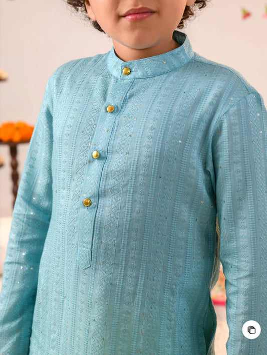 Boys Ethnic Motifs Printed Regular Pure Cotton Kurta With Pyjamas embroidery and fabric detail - Neha Couture Indian Fashion