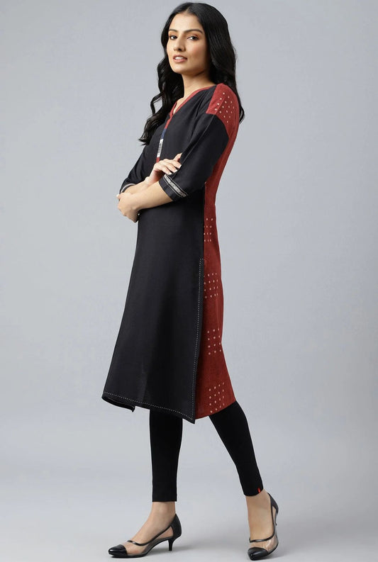 Black Straight Kurta embroidery and fabric detail - Neha Couture Indian Fashion