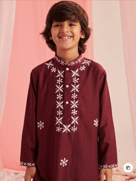 Boys Embroidered Regular Kurta with Pyjamas embroidery and fabric detail - Neha Couture Indian Fashion