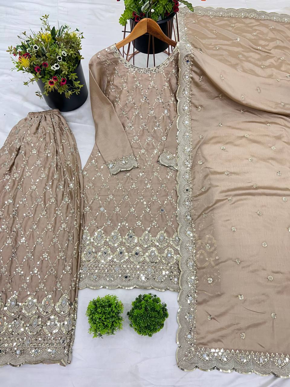 Pure Heavy Chinnon Silk With Heavy Embroidery Sequence Work Suit in Germany