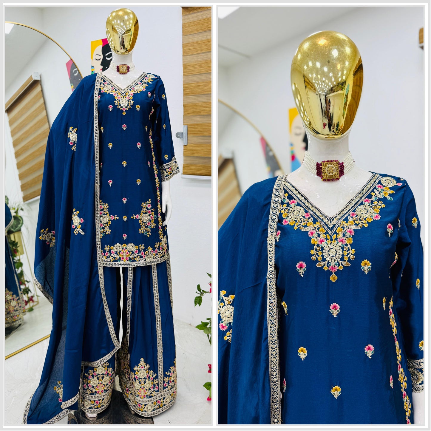 Blue Chinon Silk Embroidery Suit in Germany