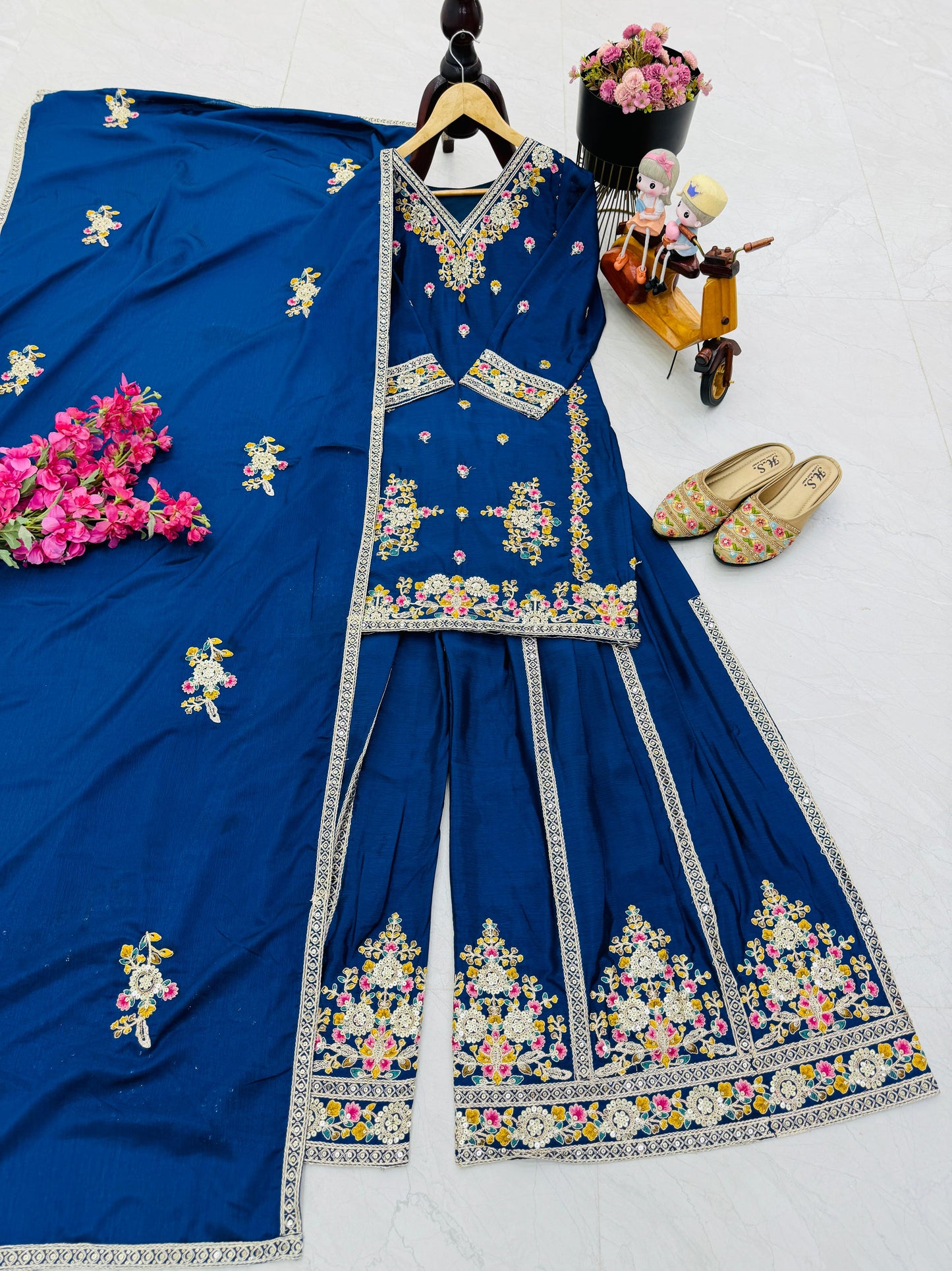 Blue Chinon Silk Embroidery Suit in Germany