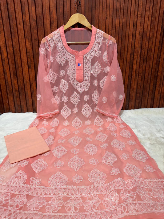 Chikankari Embroidery Straight Kurta embroidery and fabric detail - Neha Couture Indian Fashion