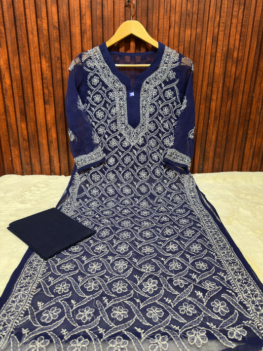 Blue Georgette Chikankari Embroidery Straight Kurta embroidery and fabric detail - Neha Couture Indian Fashion