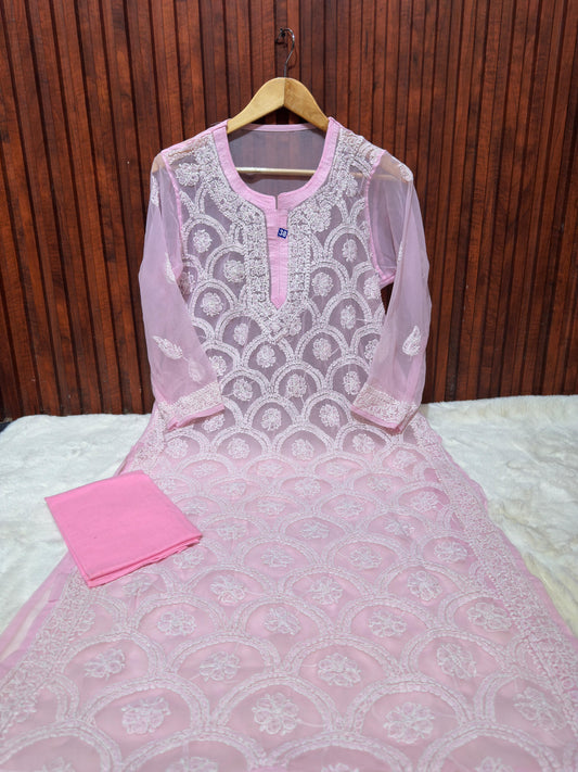 Ethnic Women's Georgette Chikankari Embroidery Straight Kurta embroidery and fabric detail - Neha Couture Indian Fashion