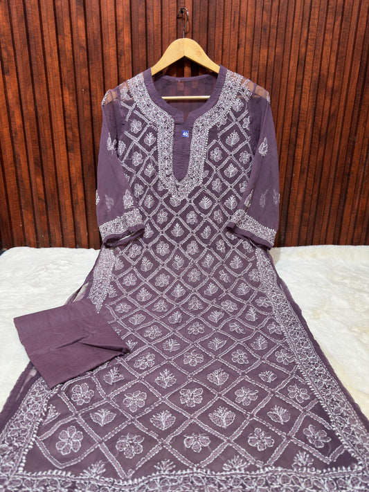 Chikankari Embroidery Straight Kurta embroidery and fabric detail - Neha Couture Indian Fashion