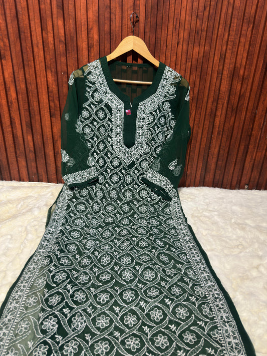 Women's Georgette Chikankari Kurti embroidery and fabric detail - Neha Couture Indian Fashion