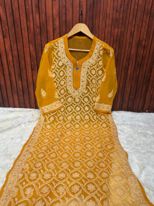 Ethnic Women's Georgette Chikankari Embroidery Straight Kurta embroidery and fabric detail - Neha Couture Indian Fashion
