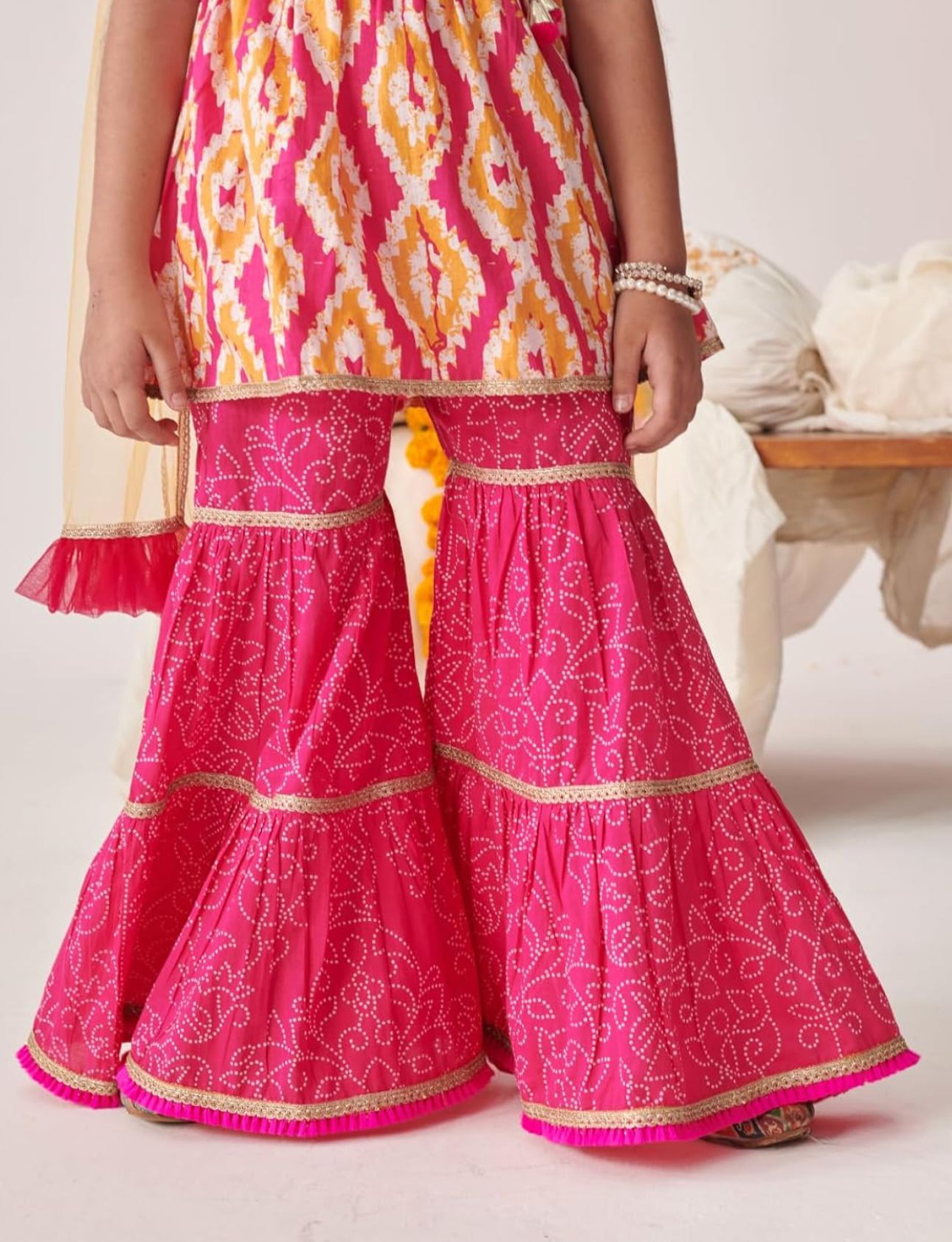 Girls Leheriya Printed Empire Sequinned Kurta With Sharara With Dupatta in Germany