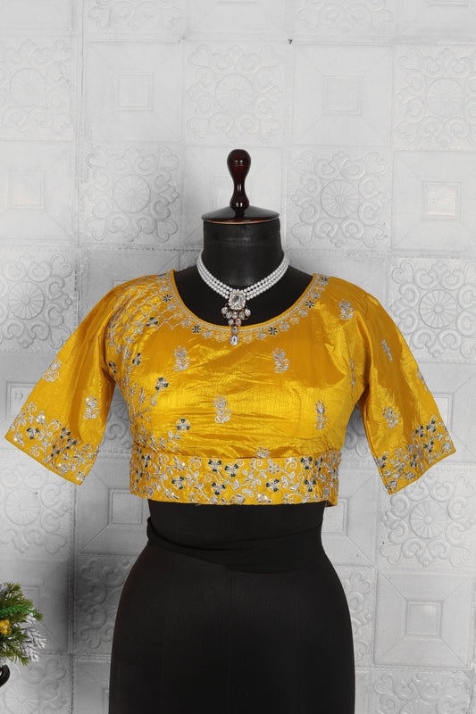 Yellow Chinnon Saree embroidery and fabric detail - Neha Couture Indian Fashion