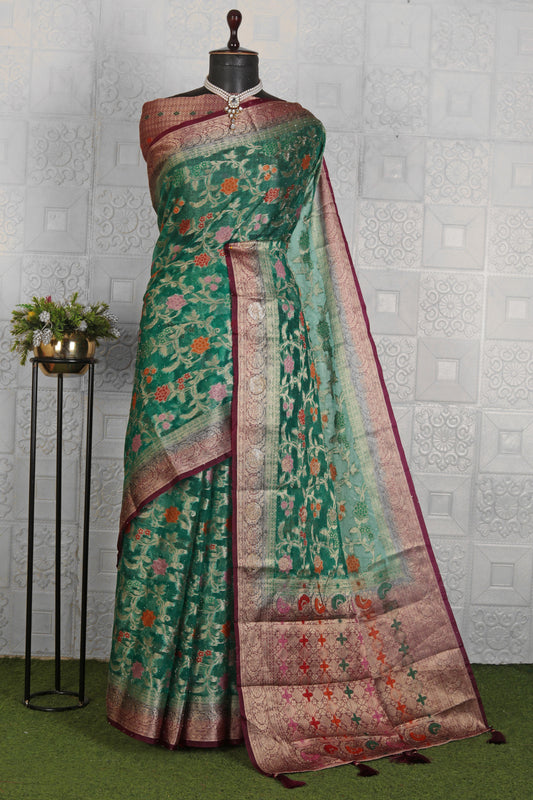 Beautiful Chanderi Silk Saree embroidery and fabric detail - Neha Couture Indian Fashion
