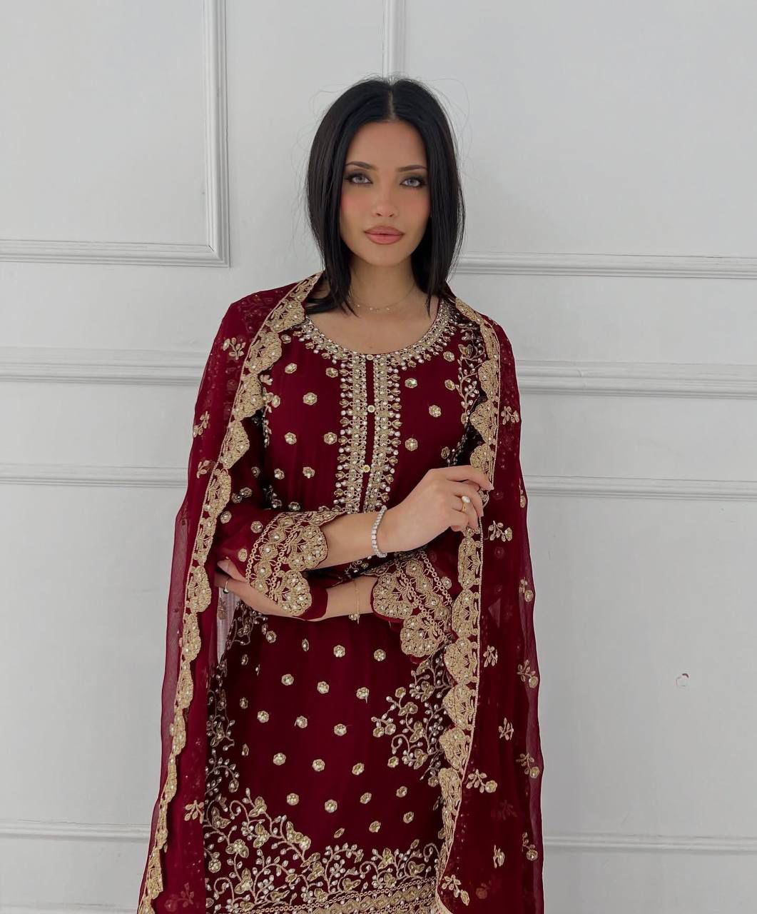 Embroidery Sequence Worked Top-Plazzo And Dupatta Set Fully Stitched Suit in Berlin