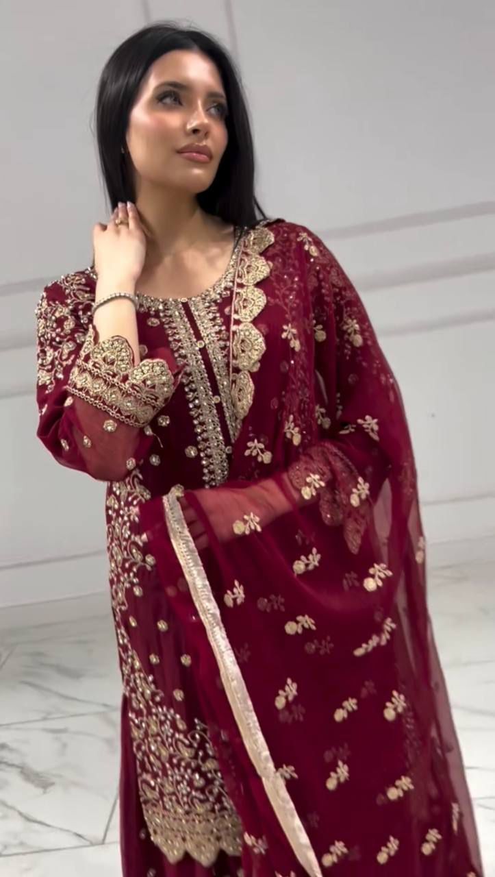 Embroidery Sequence Worked Top-Plazzo And Dupatta Set Fully Stitched Suit in Berlin