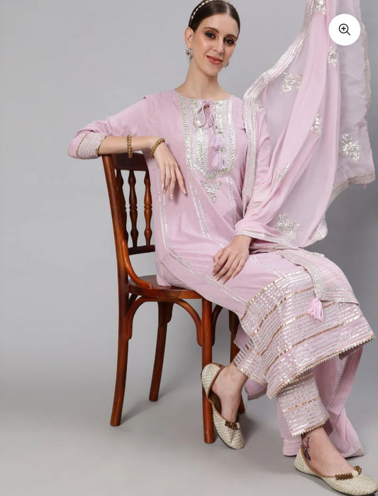 Women's Gota Patti Embroidered A-Line Kurta Trouser Dupatta Set embroidery and fabric detail - Neha Couture Indian Fashion