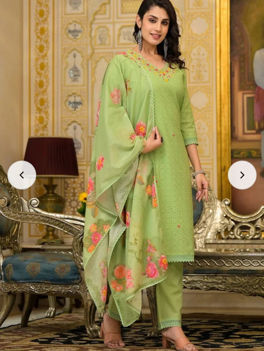 Cotton Embroidered Straight Fit Kurta Set embroidery and fabric detail - Neha Couture Indian Fashion