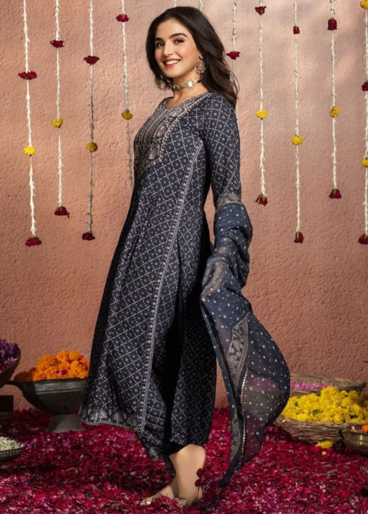 Women's Viscose Rayon Flared Fit Kurta Set embroidery and fabric detail - Neha Couture Indian Fashion