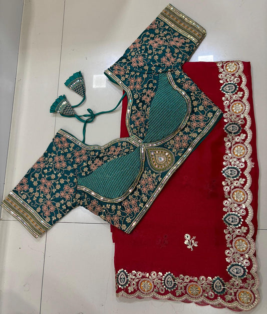 Soft Chinon Silk with Heavy Sequence Multi Work Saree with Stitched Blouse embroidery and fabric detail - Neha Couture Indian Fashion