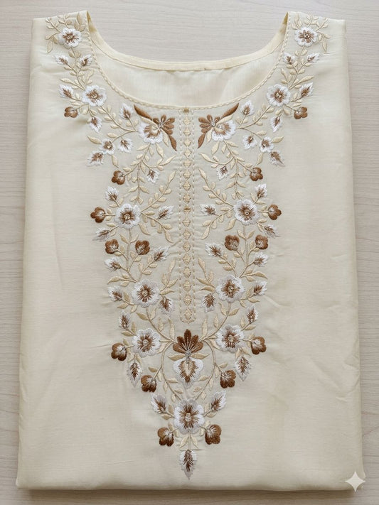 Cream Embroidered Neck Kurta Bottom Dupatta Set embroidery and fabric detail - Neha Couture Indian Fashion