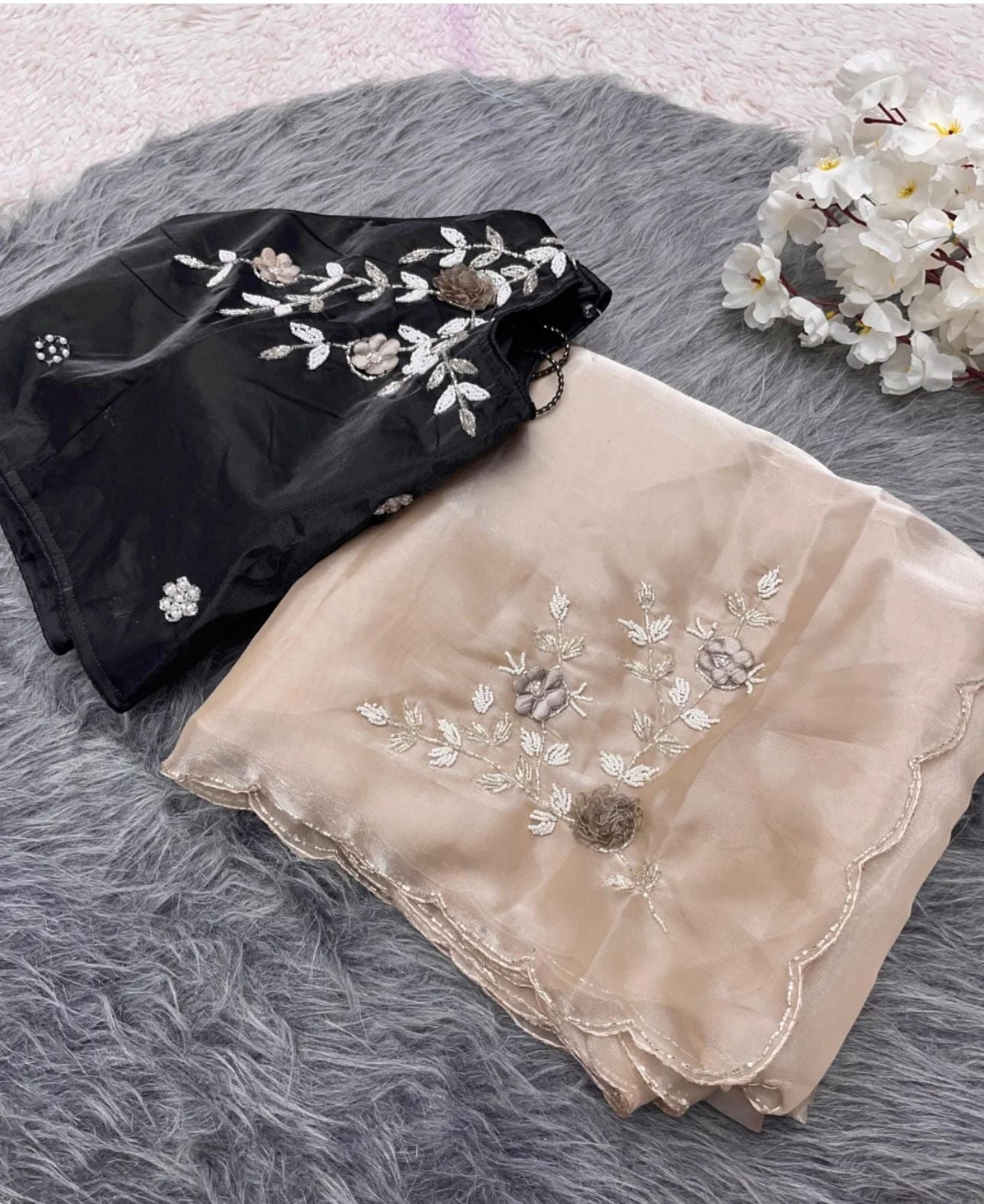 Jimmy Choo Satin Saree with Khatli Cut Dena Handwork and Arco Border With in Germany