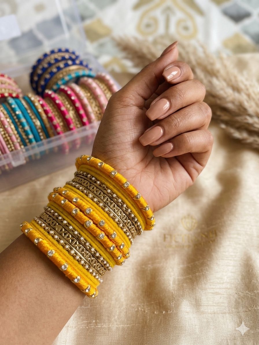 Mustard Silk Thread Kundan Bangle Set in Germany