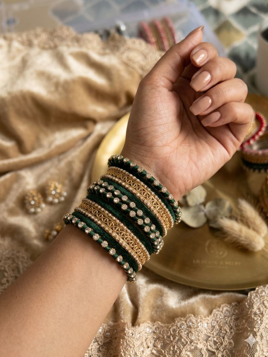 Bottle Green Silk Thread Kundan Bangle Set in Germany