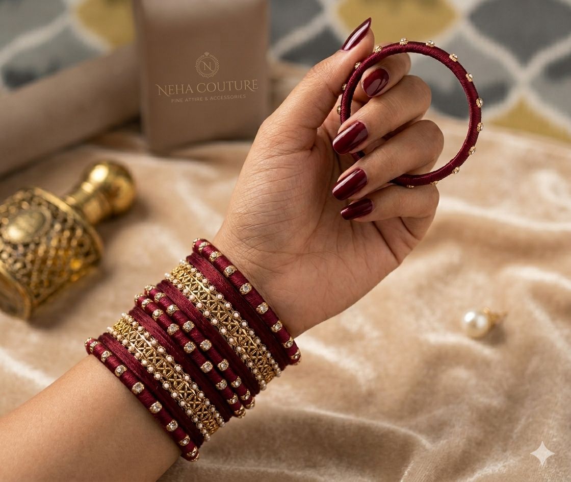 Maroon Silk Thread Kundan Bangle Set in Germany